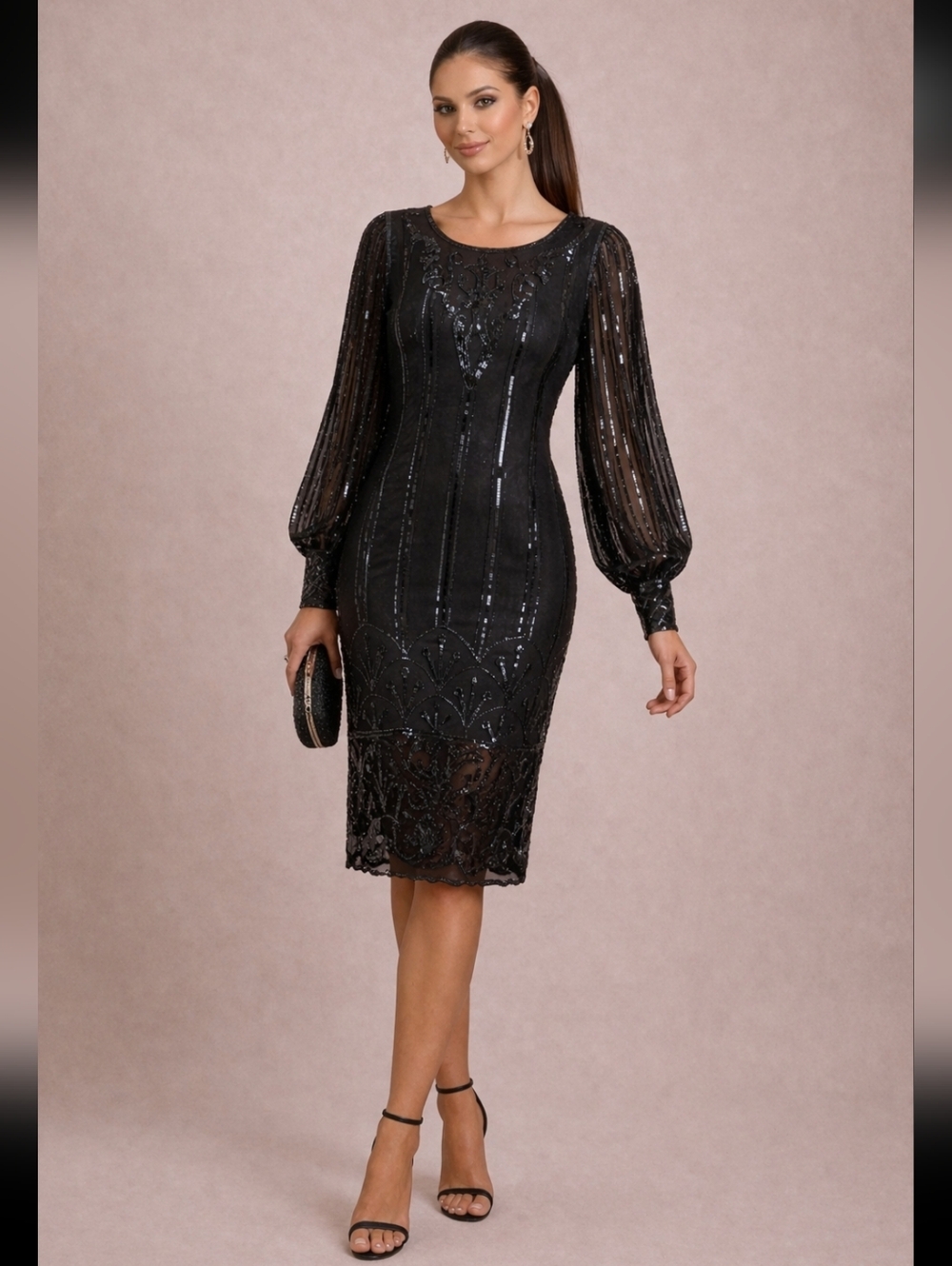 VINTAGE SILK Sequins bubble sleeve dress